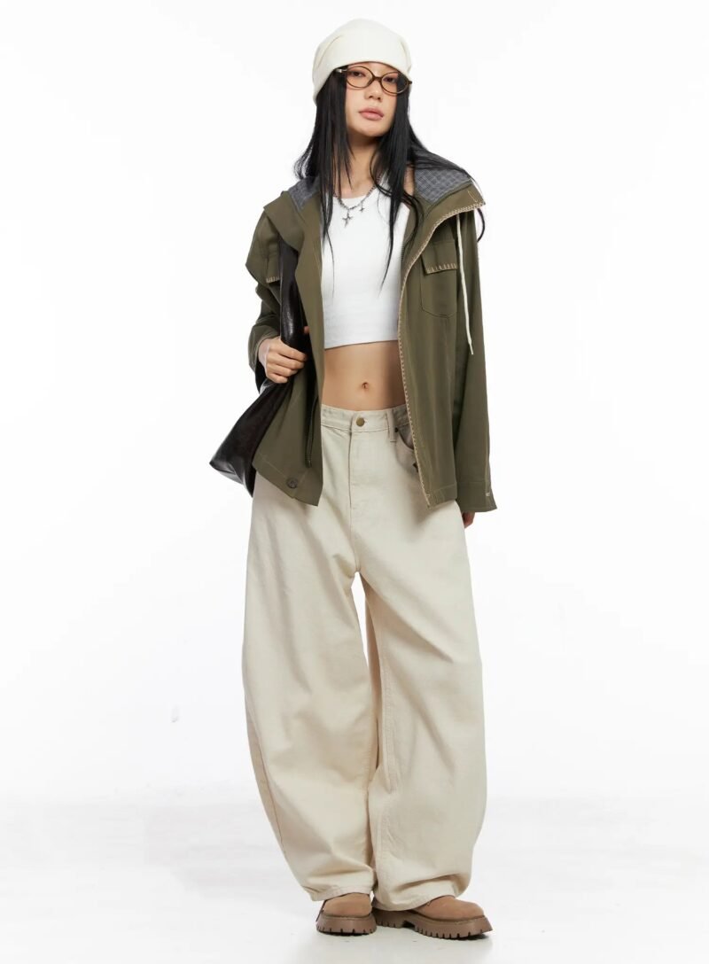 Angel Back Embroidered Wide Leg Beige Cotton Pants