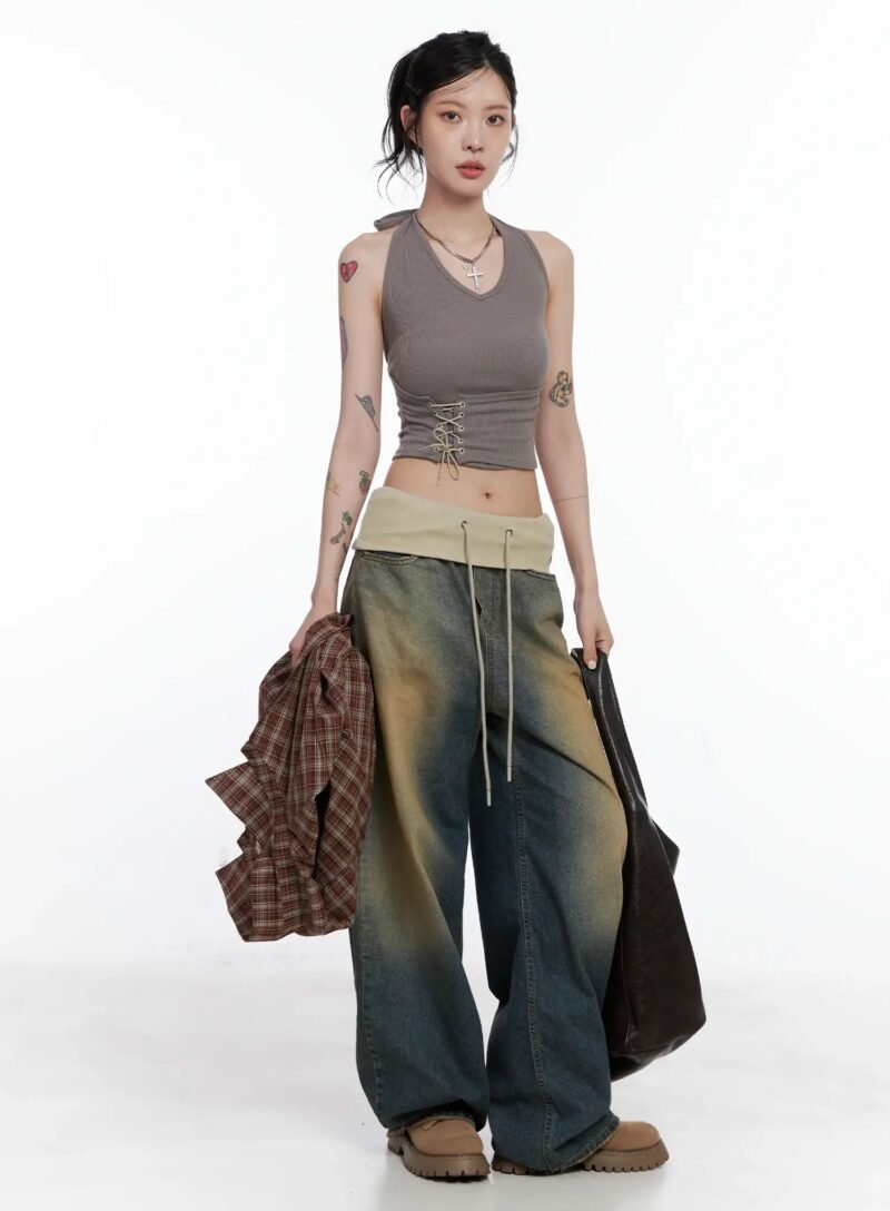 Jemma Folded Waist Washed Baggy Jeans