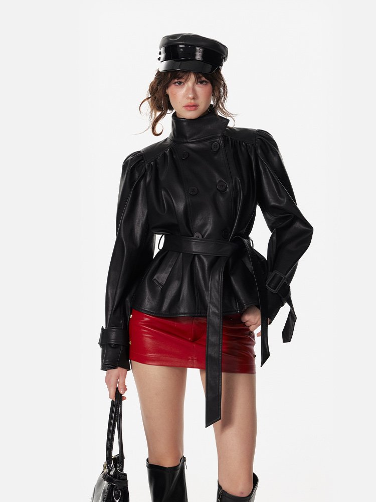 Trendy Flared Pleated High-Neck Black Faux Leather Jacket – Short Stylish Coat for Women